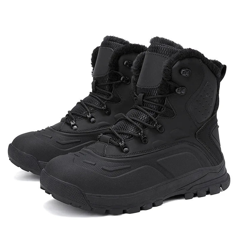Men's black high-top winter boots with fleece lining and lace-up front.