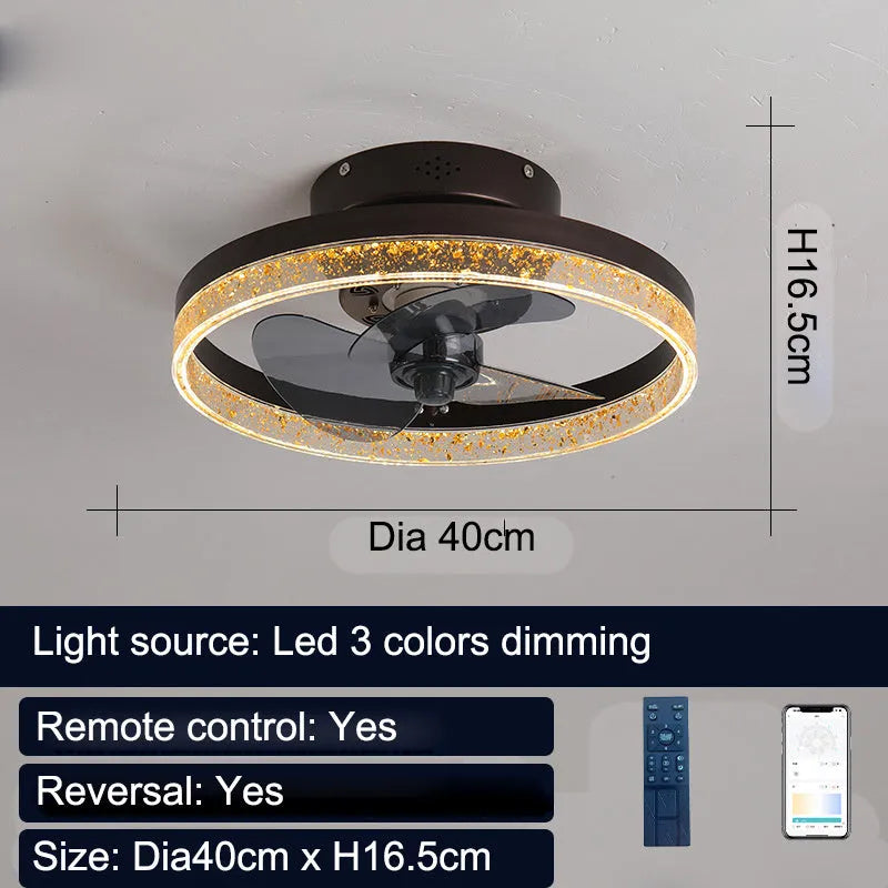 Nordic style remote control ceiling fan lamp with LED lights in a coffee gold finish.