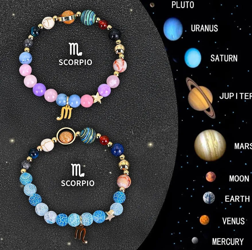 Set of two natural stone beaded bracelets for zodiac signs on adjustable elastic strings.