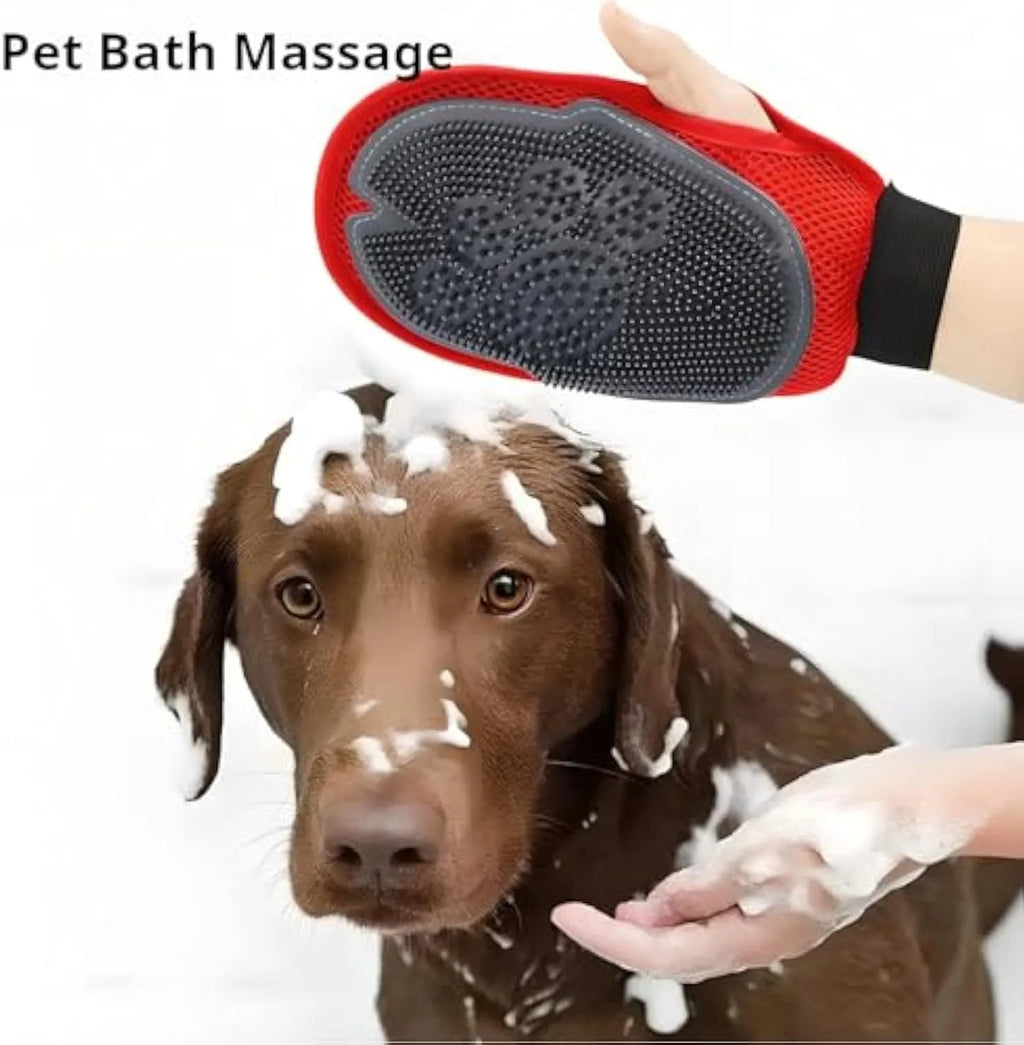 Red pet bathing glove with integrated brush for grooming and hair removal