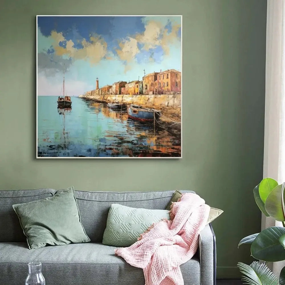 Hand painted abstract pier and boat landscape oil painting on square canvas