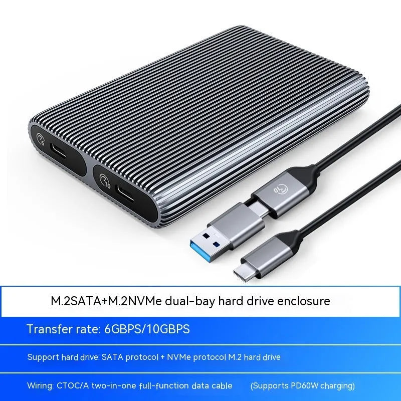 Aluminium alloy M.2 NVMe SATA external SSD enclosure with USB-C cable and heat dissipation vest