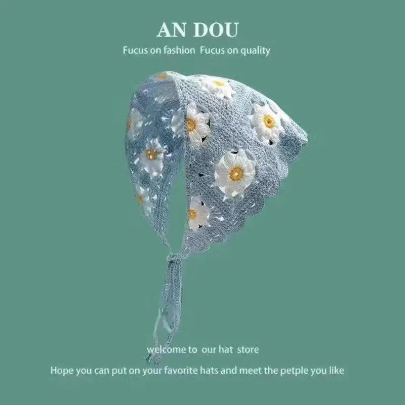 Women's cotton triangular headscarf with floral pattern, shown in beige blue little daisy design.