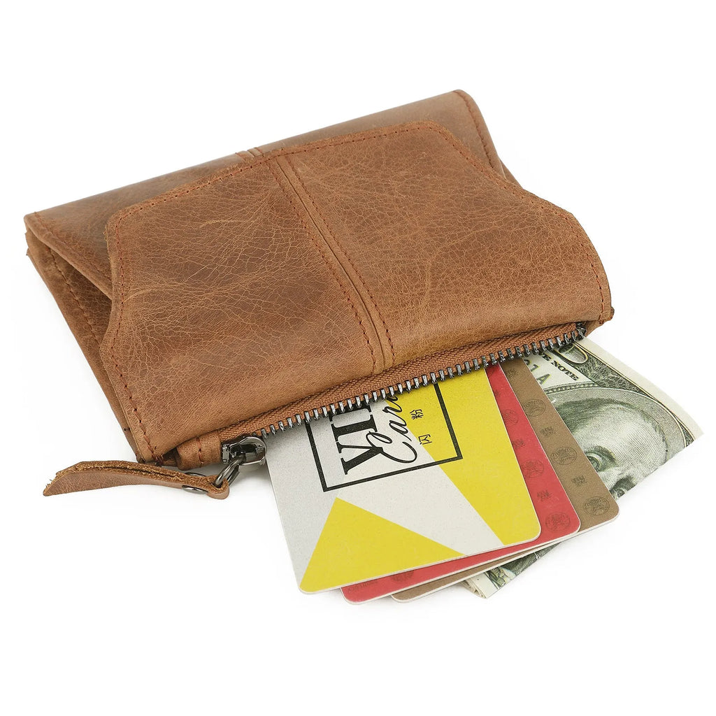 Cowhide leather coin purse in retro style with stitching and lock details
