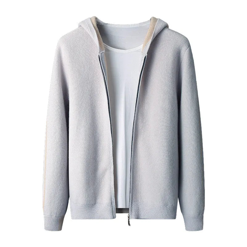 Men's dark blue cashmere cardigan with half-high collar and zip front