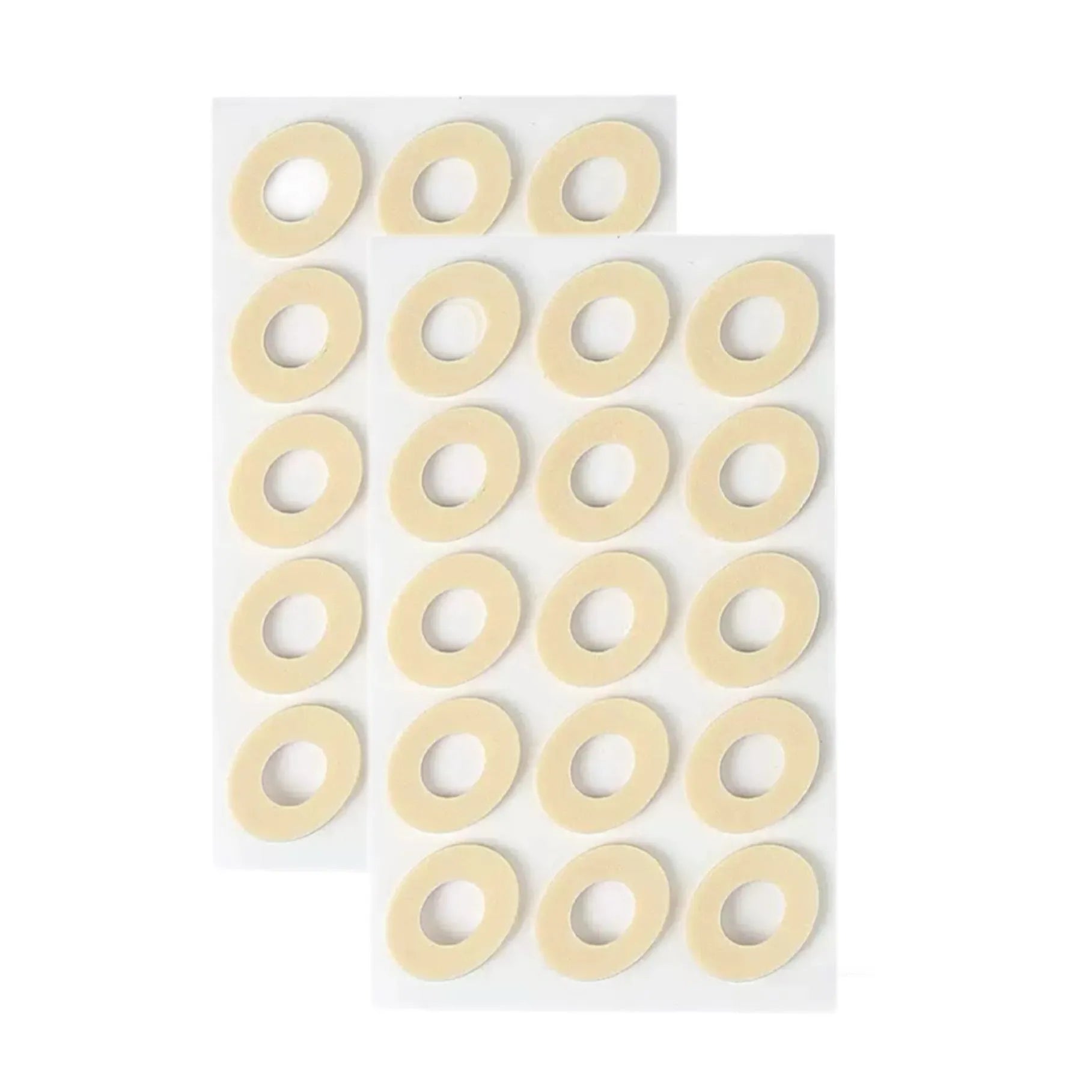 Pack of women's heel corn protectors showing large oval, small oval, U-shaped, and circular section PU pads.