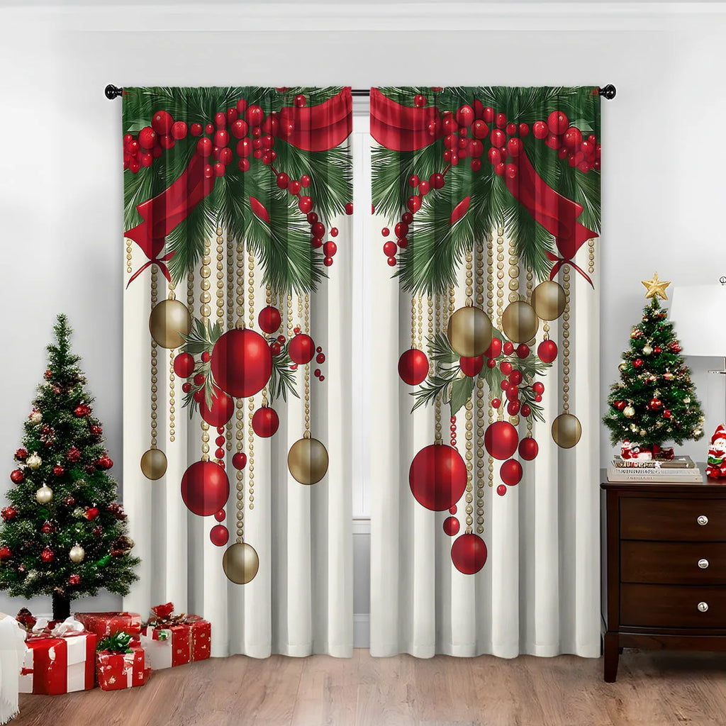 3D digitally printed Christmas curtain panel hanging on a window, showing festive pattern and polyester fabric texture.