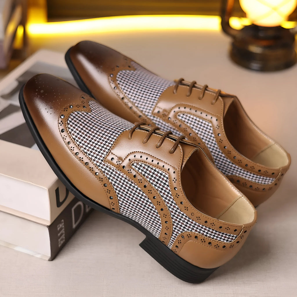 Men's houndstooth plaid casual shoes with square toe and lace-up design in black.