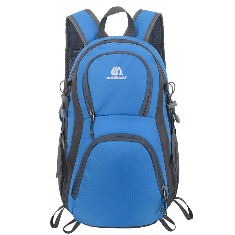 Black outdoor backpack with air pillow belt, shown with other colour options: blue, dark blue, lake blue, orange, and purple.