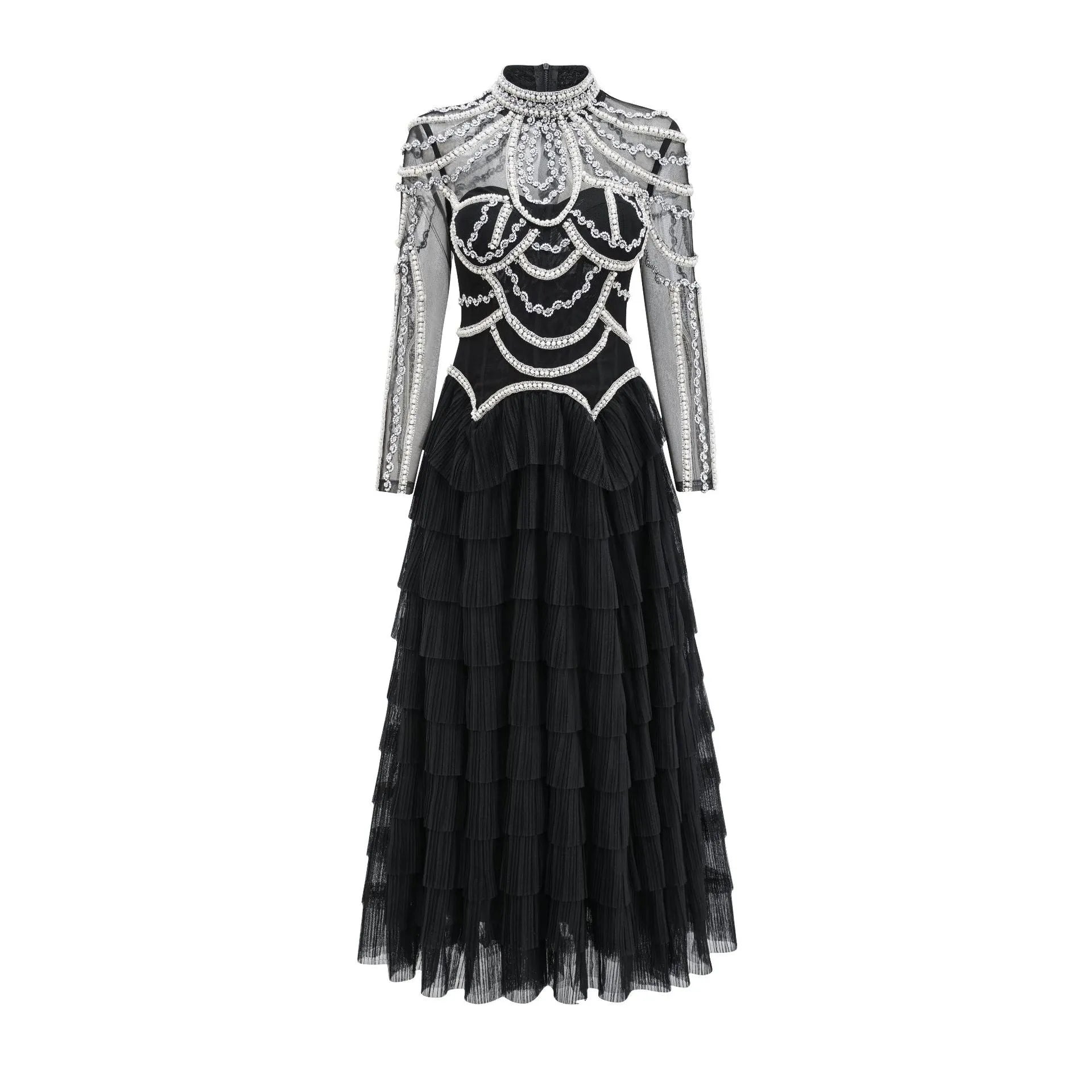 Women's black long sleeve dress with beaded embroidery and a mid waist design.