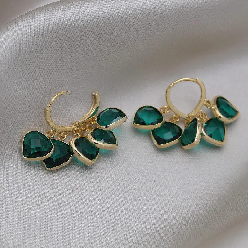 Green heart shaped Korean style ear clip earrings with alloy gemstone inlay