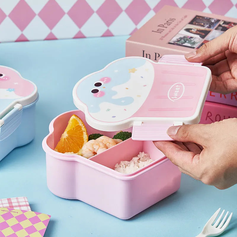 Pink and blue creative ice cream shaped plastic lunch box with spoon and fork set on a white background.