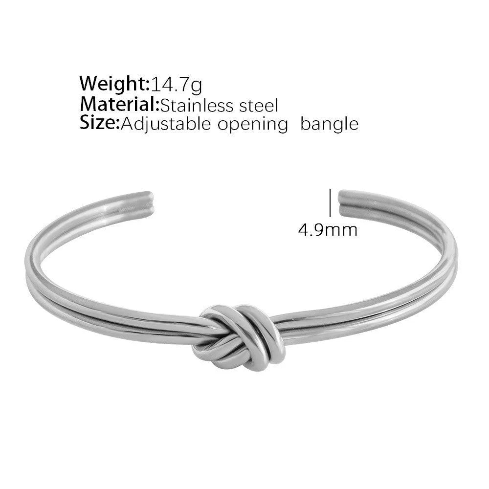 Women's stainless steel bracelet with C-shaped open design and knotted double-layer construction