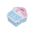 Pink and blue creative ice cream shaped plastic lunch box with spoon and fork set on a white background.