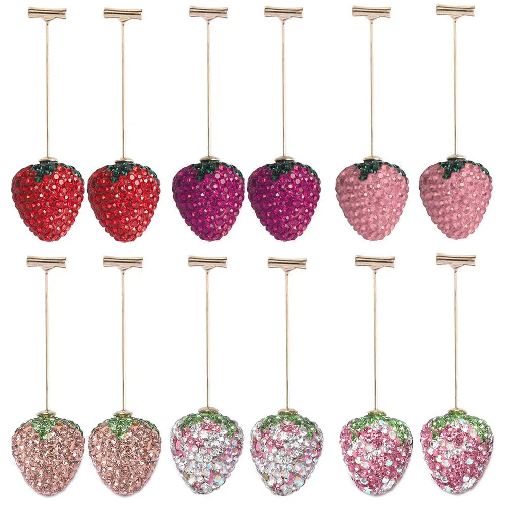 Red geometric strawberry-shaped alloy earrings with spot drill detailing for women