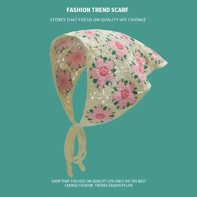 Women's cotton triangular headscarf with floral pattern, shown in beige blue little daisy design.