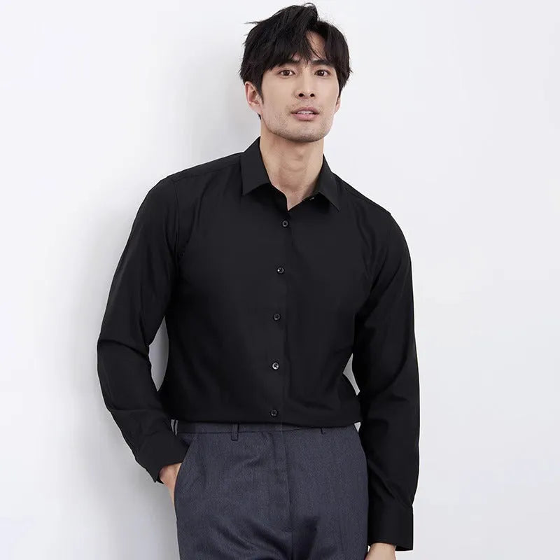 Men's wine red slim fit long sleeve casual shirt on a hanger
