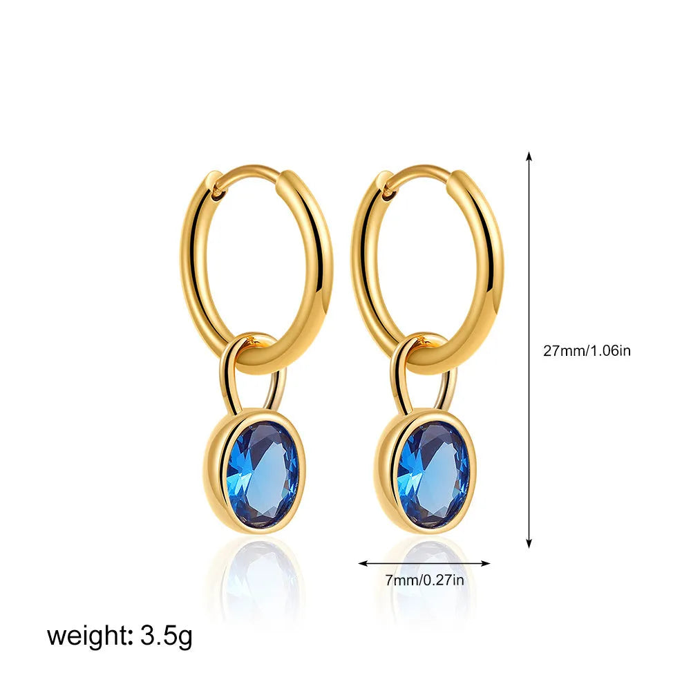Women's oval zircon earrings in six colours with copper alloy setting and retro styling