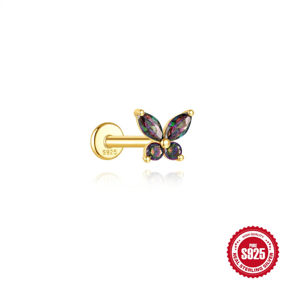 S925 sterling silver flat head thread piercing earring with rainbow stone on geometric setting.