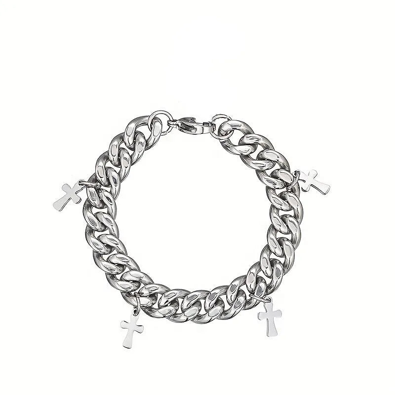 Men's titanium steel geometric bracelet with a cross design on a white background.