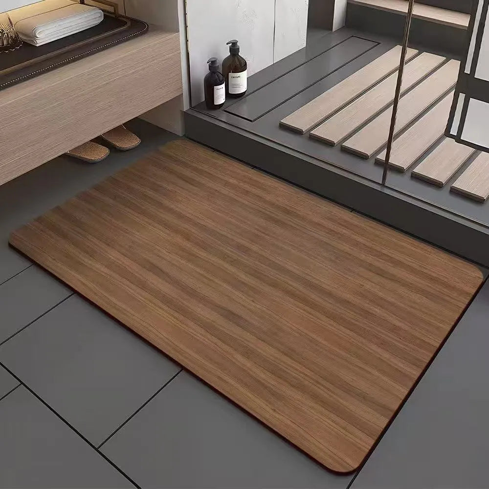 Square diatom ooze floor mat with geometric wood grain pattern in a bathroom setting.