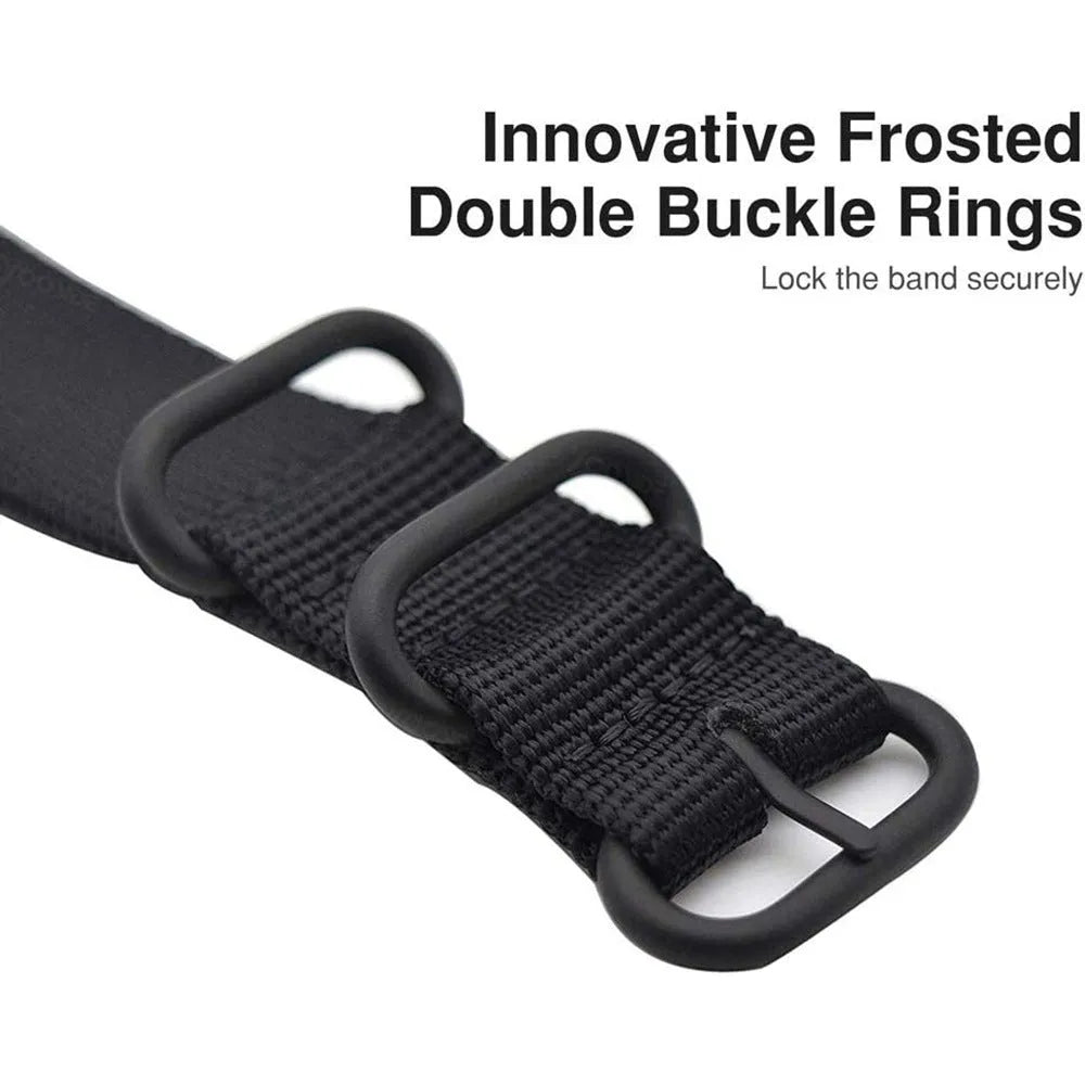 Nylon three-ring buckle replacement strap for Fitbit Charge 3 fitness tracker in multiple colours.