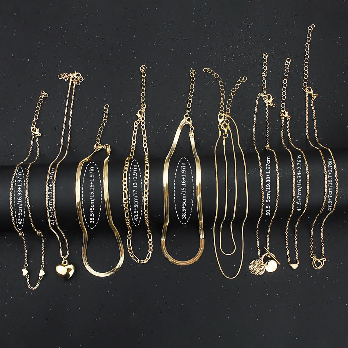 Gold colour women's necklace set with 10 alloy pendants on snake bone chain, adjustable 21-50cm