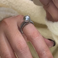 Adjustable opening copper ring with geometric design and black pearl finish for women