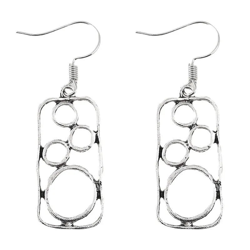 Geometric irregular square earrings within circular ring, antique silver finish on zinc alloy