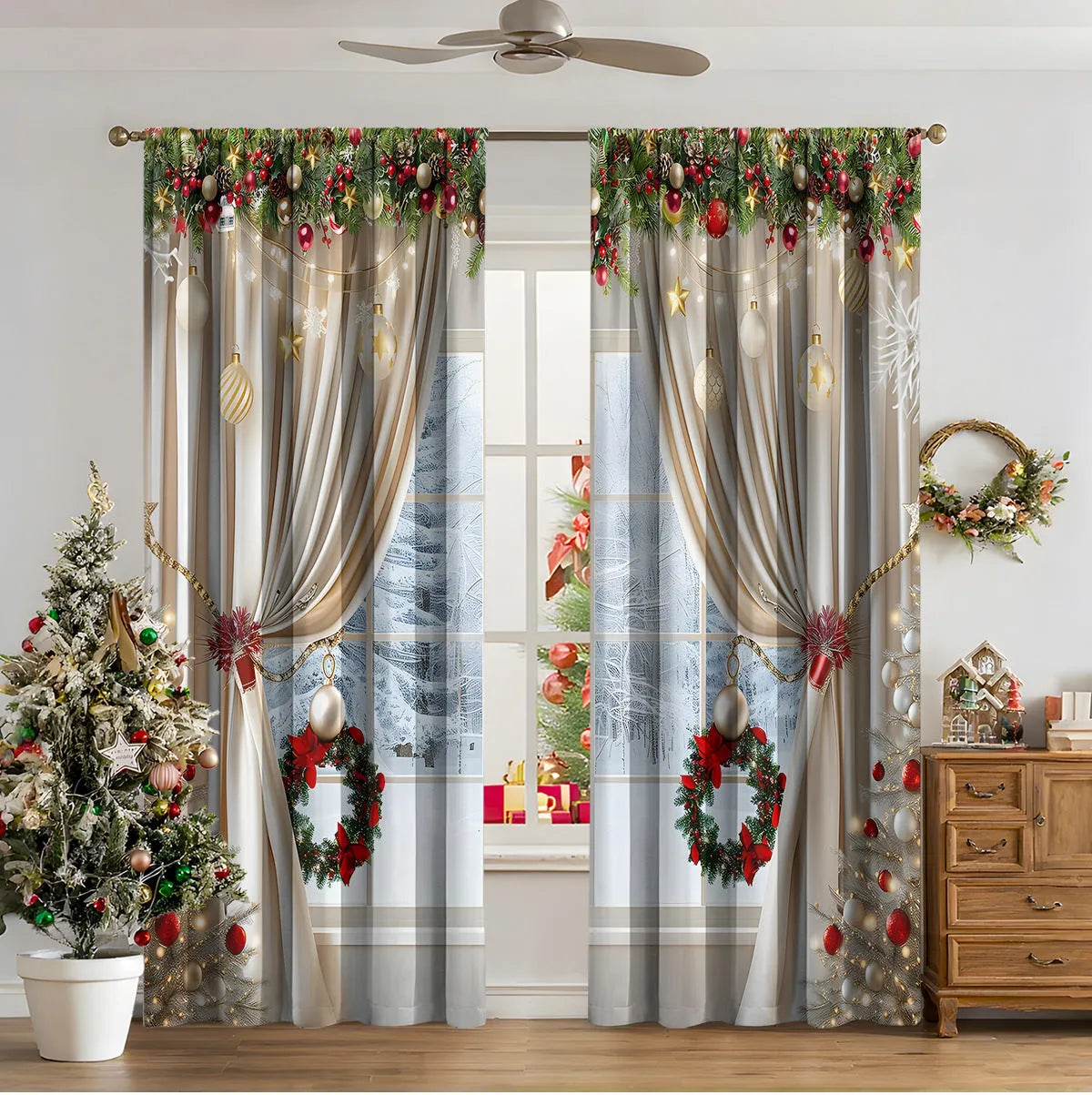 3D digitally printed Christmas curtain panel hanging on a window, showing festive pattern and polyester fabric texture.