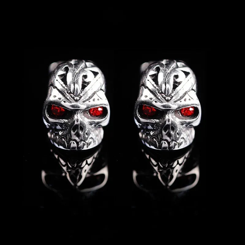 Red skull stud earrings with ghost head design and artificial gemstone eye inlay