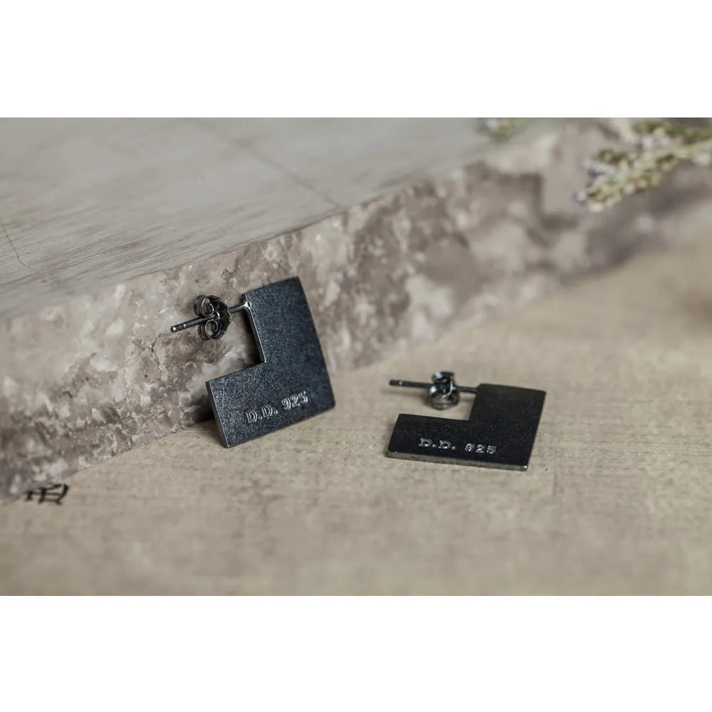 Oxidation black square earrings geometric minimalist design 16mm 925 sterling silver