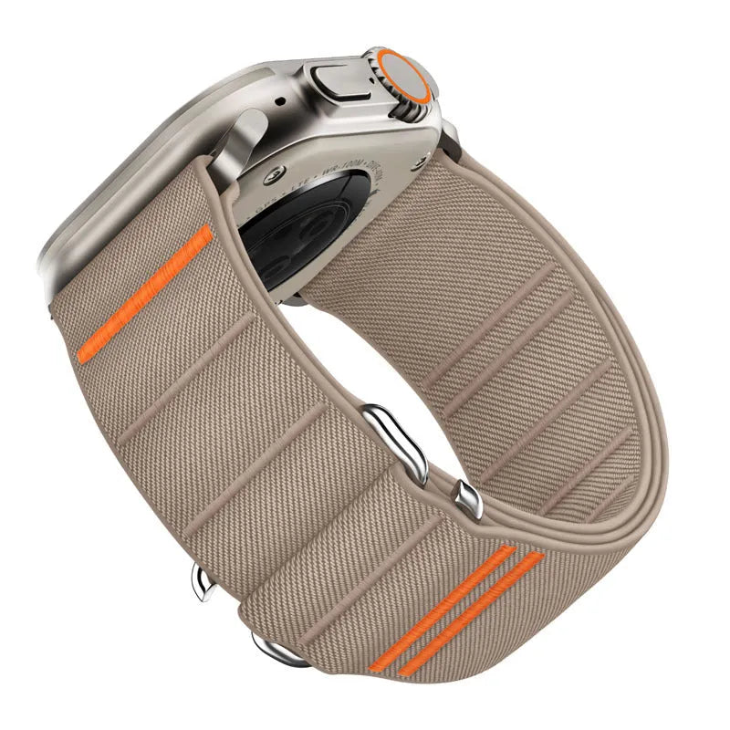 Elastic nylon Apple Watch band with stainless steel buckle shown in multiple colour options