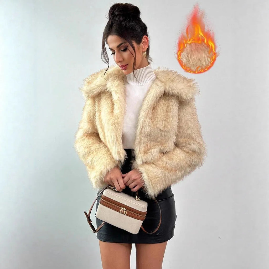 Women's faux fur coat with fur collar in black tip on black background colour