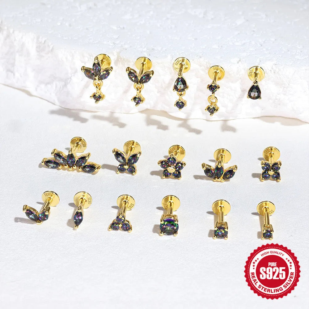 S925 sterling silver flat head thread piercing earring with rainbow stone on geometric setting.
