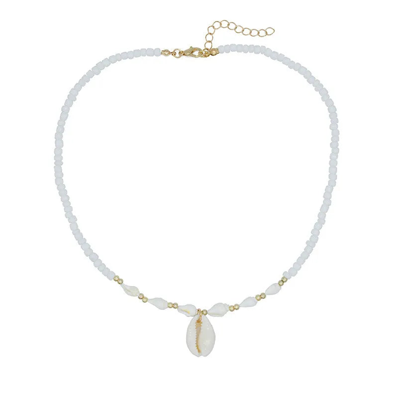 White conch shell necklace with mother of pearl pendant on regular chain, electroplated finish