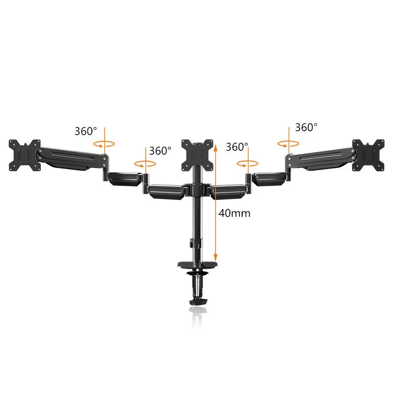 Three-screen monitor stand with dual air pressure arm and cold rolled steel construction