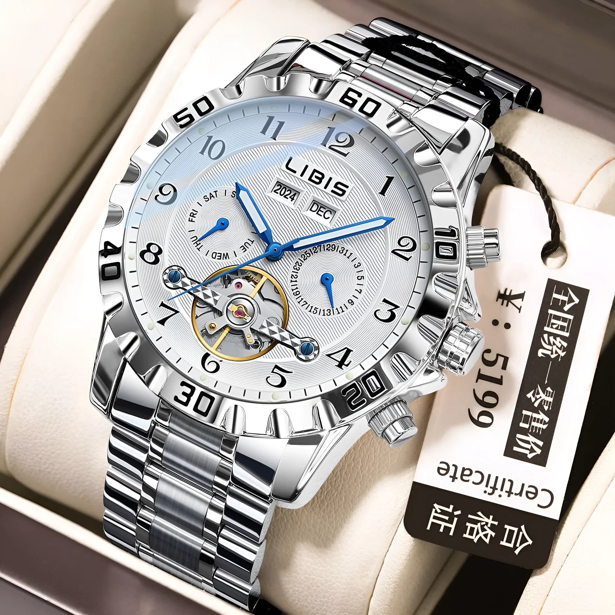 Men's silver automatic perpetual calendar mechanical watch with stainless steel belt and sapphire crystal