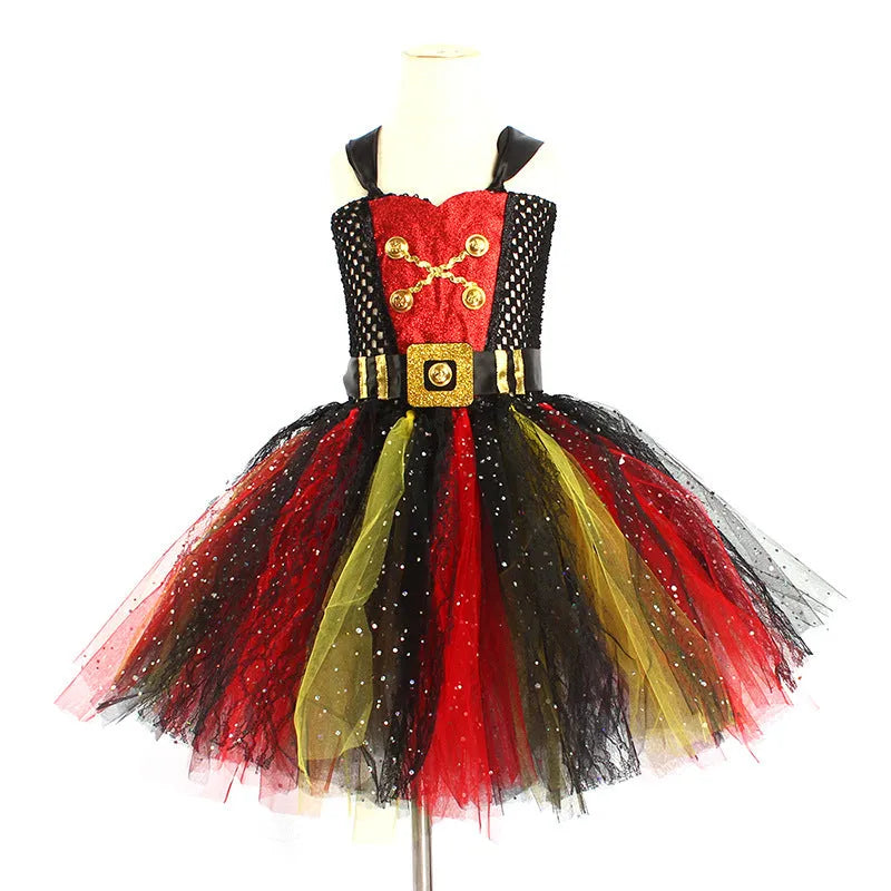 Black pirate costume dress for girls with sequin details and gauze mesh sleeves
