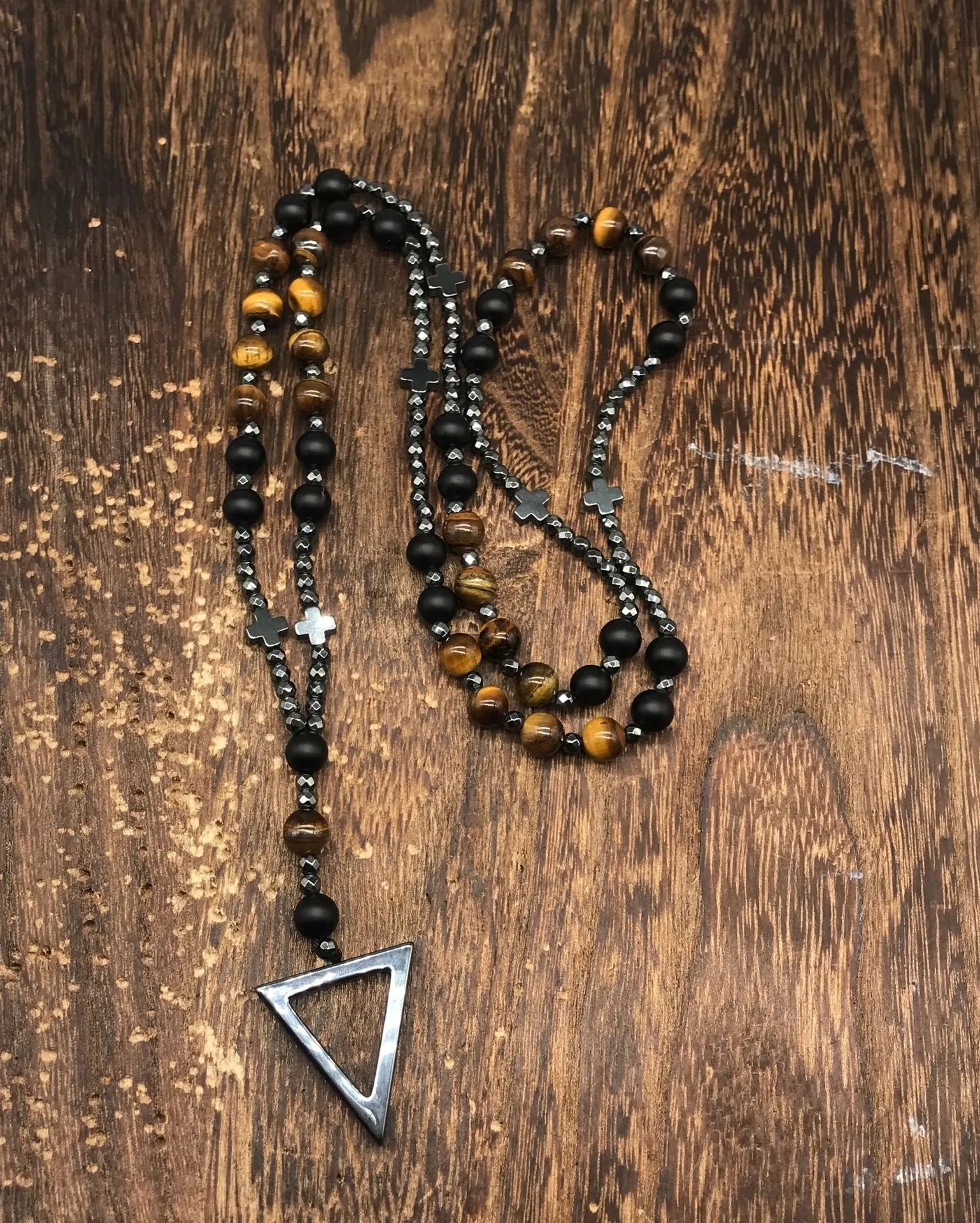 Men's stone geometric cross pendant on an 80cm ball bead chain with safety lock.