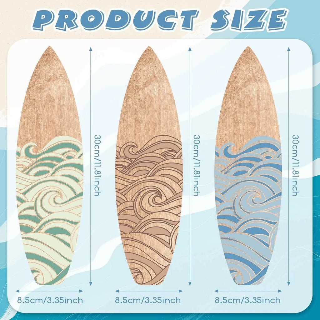 Three identical wooden surfboard-shaped wall decorations on a white background.