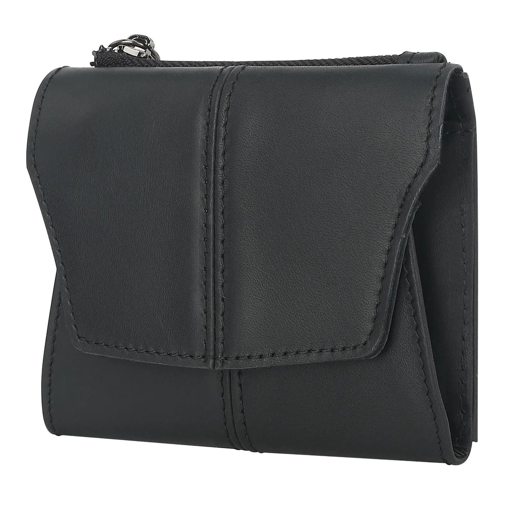 Cowhide leather coin purse in retro style with stitching and lock details