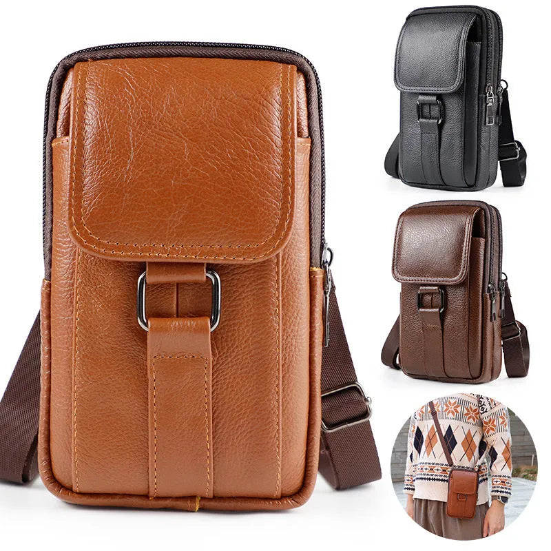 Men's genuine leather crossbody waist bag with lock detail and vertical square design in dark brown