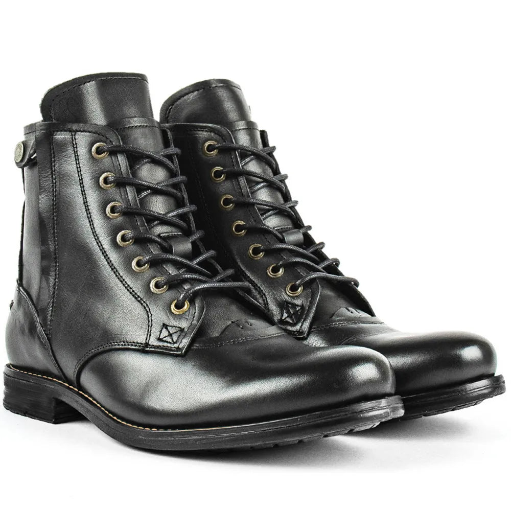 Knight Series two-tone leather boots with side zipper in black colour showing low heel and mature styling