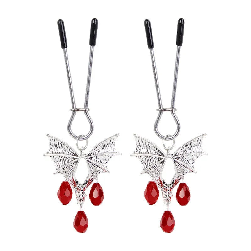 Silver bat-shaped adjustable nipple clamp and clitoral clip with alloy construction