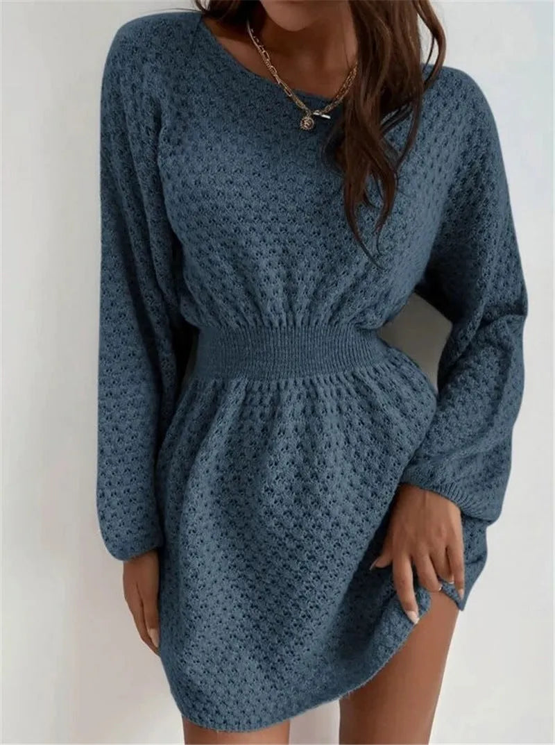 Blue women's knitted dress with fitted waist and hand-crocheted flower decorative elements