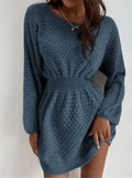 Blue women's knitted dress with fitted waist and hand-crocheted flower decorative elements