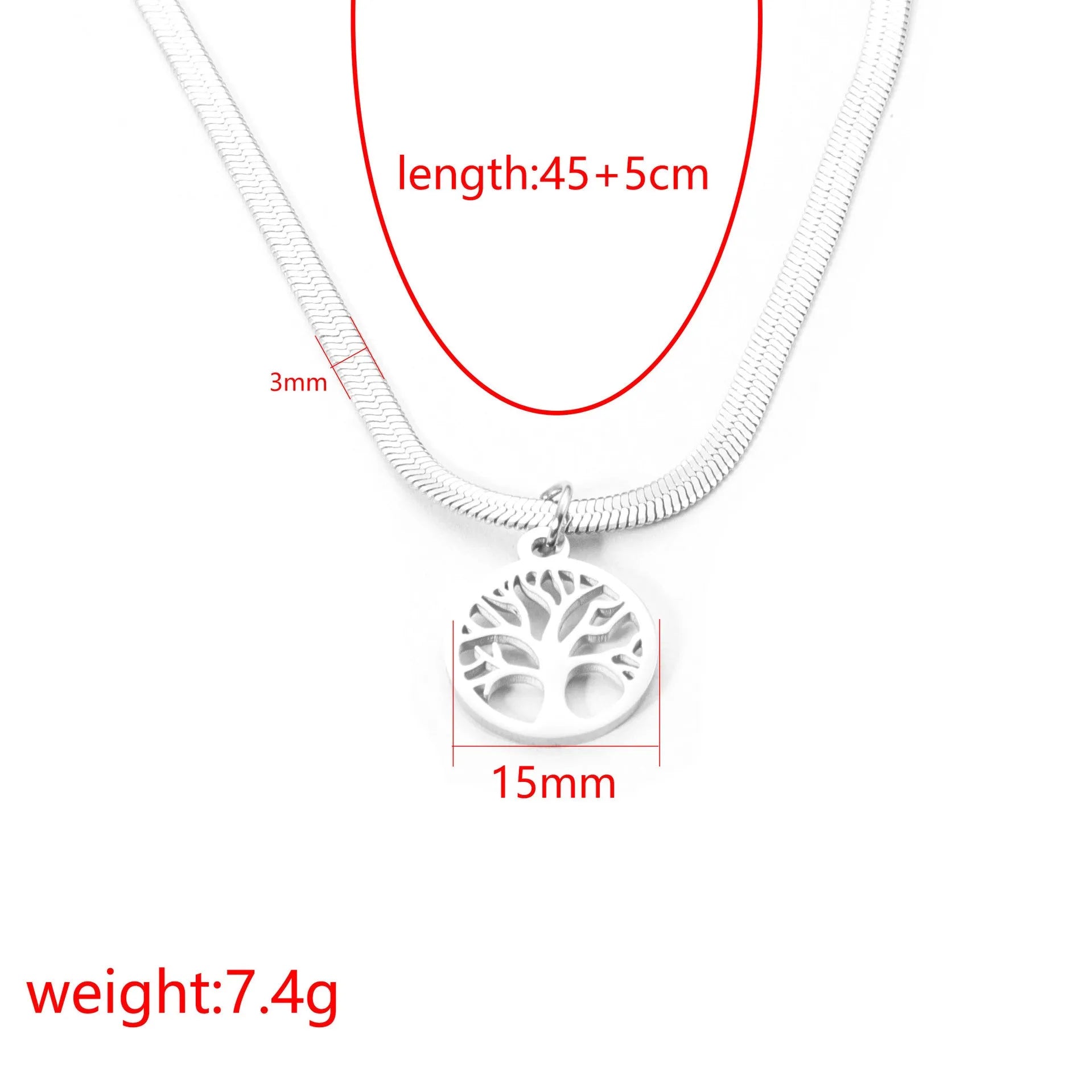 Adjustable tree pendant necklace on snake bone chain in gold or steel colour