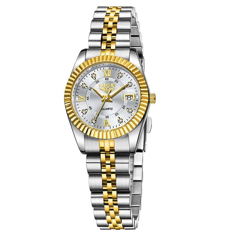 Women's waterproof quartz fashion watch with 10mm thickness in gold, silver, and metallic colour variations