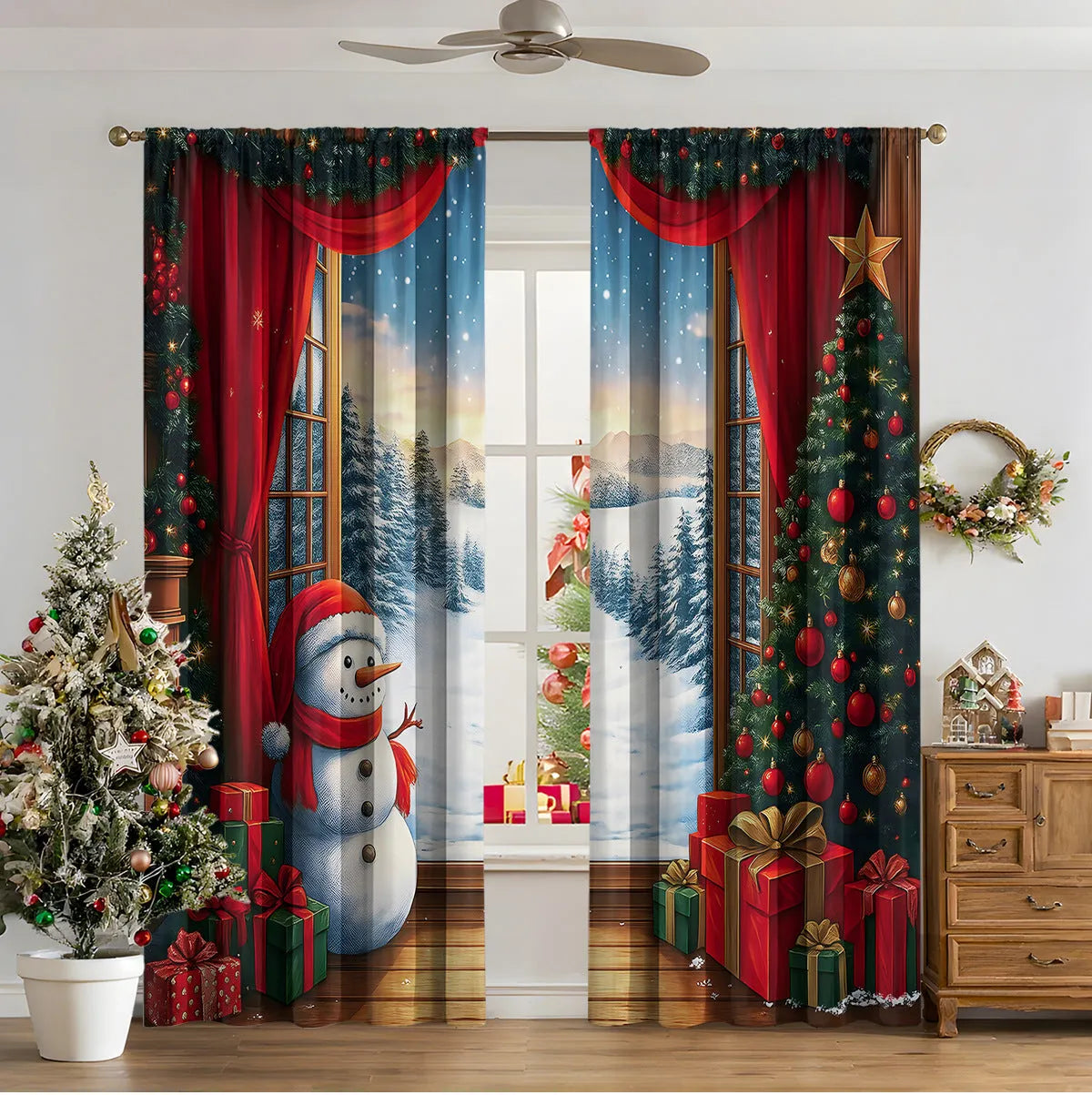 3D digitally printed Christmas curtain panel hanging on a window, showing festive pattern and polyester fabric texture.